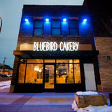 DL600 Blue LED Lights in front of Bluebird Cakery