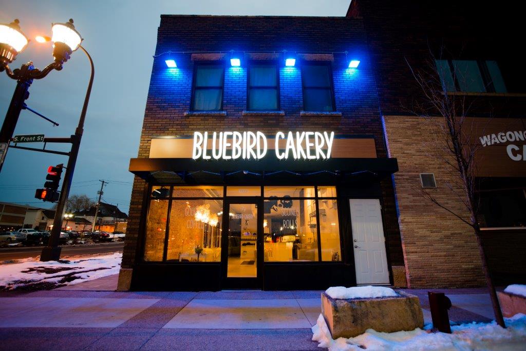 DL600 Blue LED Lights in front of Bluebird Cakery